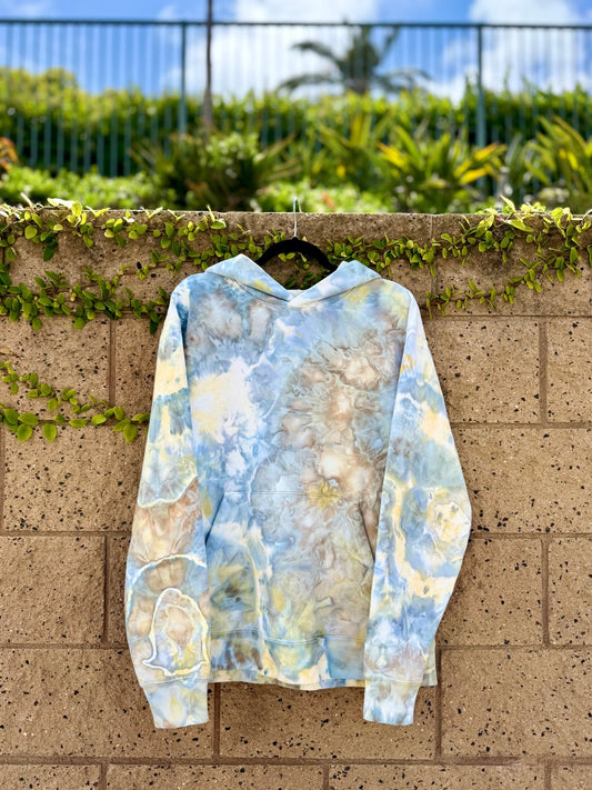 Unisex hand ice-dyed hoodie in light blue and yellow by OB Tie Dye, one-of-a-kind wearable art handmade with premium Dharma dyes.
