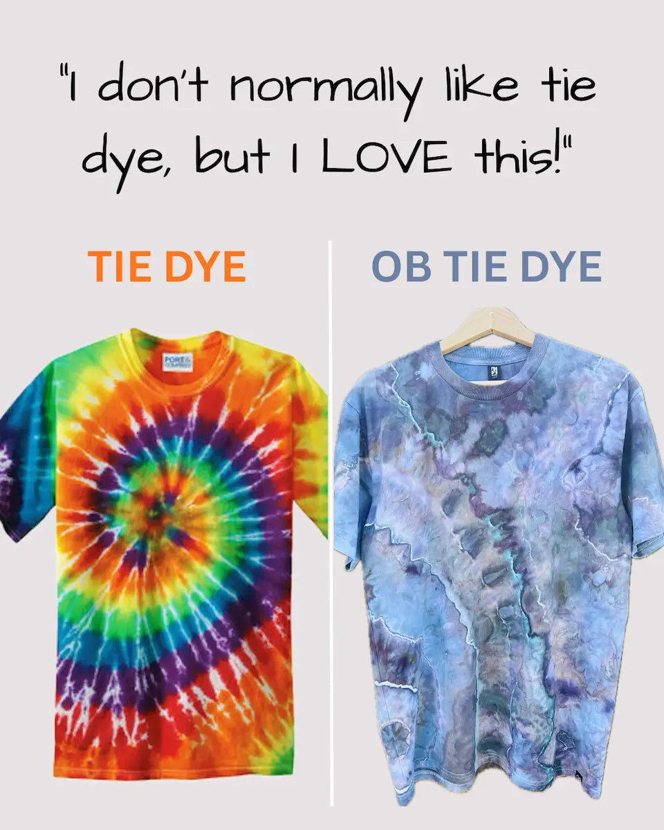 Side-by-side comparison of a classic rainbow tie dye shirt and a soft blue OB Tie Dye ice-dyed shirt showing the difference between traditional tie dye and ice dye.