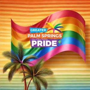 Rainbow flag with palm trees and 'Greater Palm Springs Pride' text on a striped background