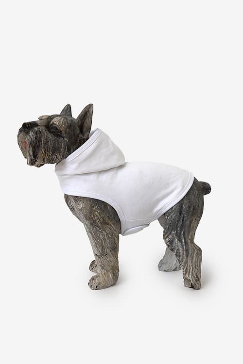 White cotton dog hoodie shown blank and ready for custom ice-dye colorways, featuring a soft fleece interior, relaxed fit.