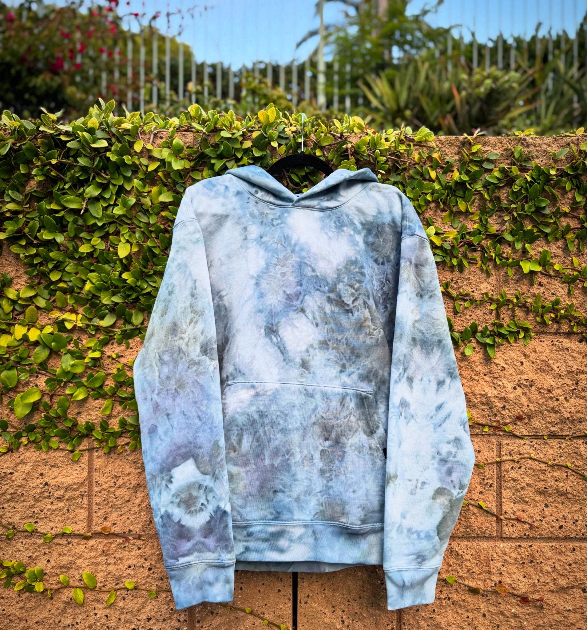 OB Tie Dye custom unisex blue & white ice dyed hoodie hand dyed in san diego - handmade, one-of-a-kind, artisan ice dyed apparel from San Diego, premium quality hand dyed wearable art.