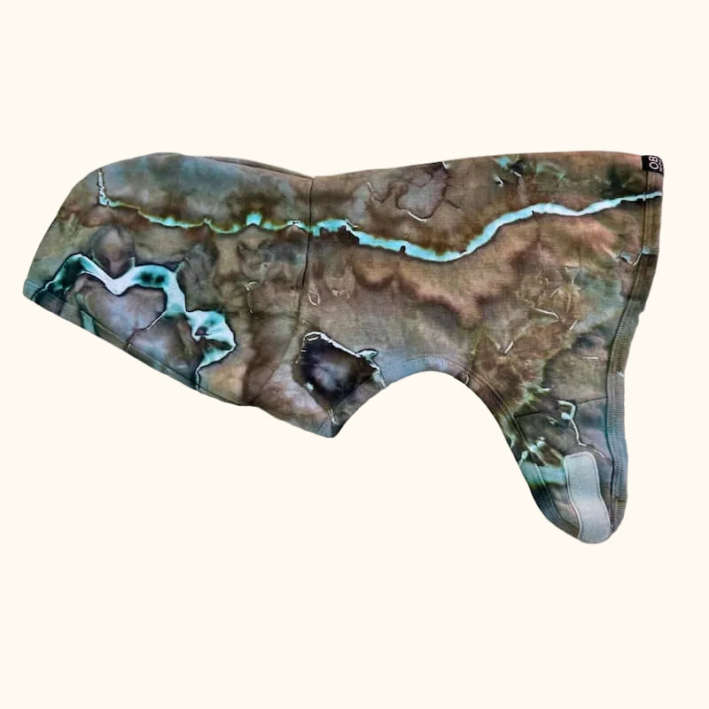 Hand-dyed ice dye dog hoodie with organic, coastal-inspired color pattern