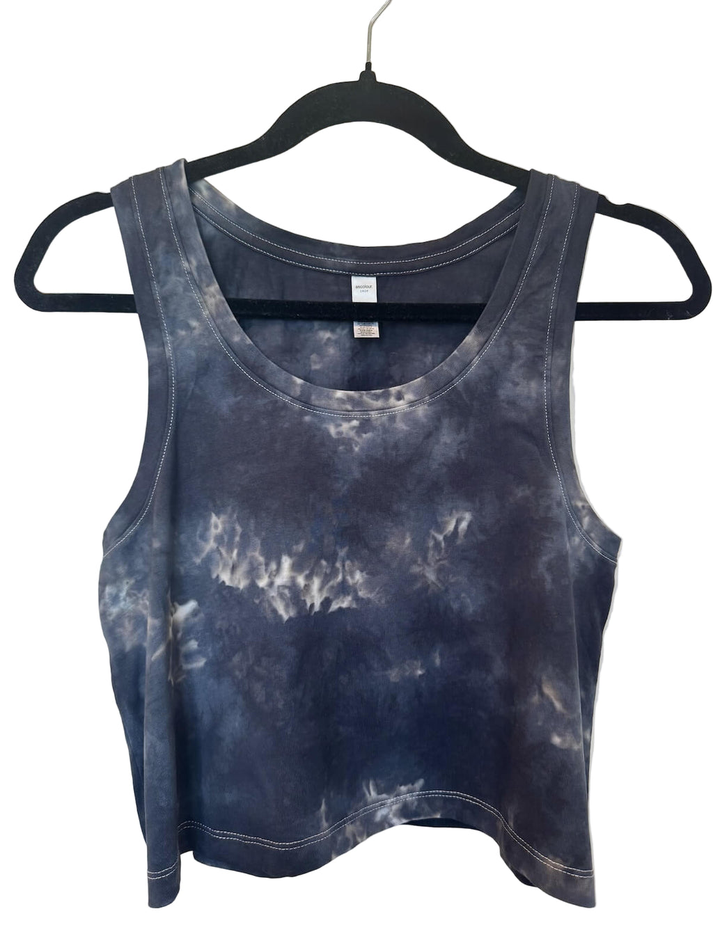 Front view of black & grey hand ice-dyed woman's crop tank with fluid, watercolor texture