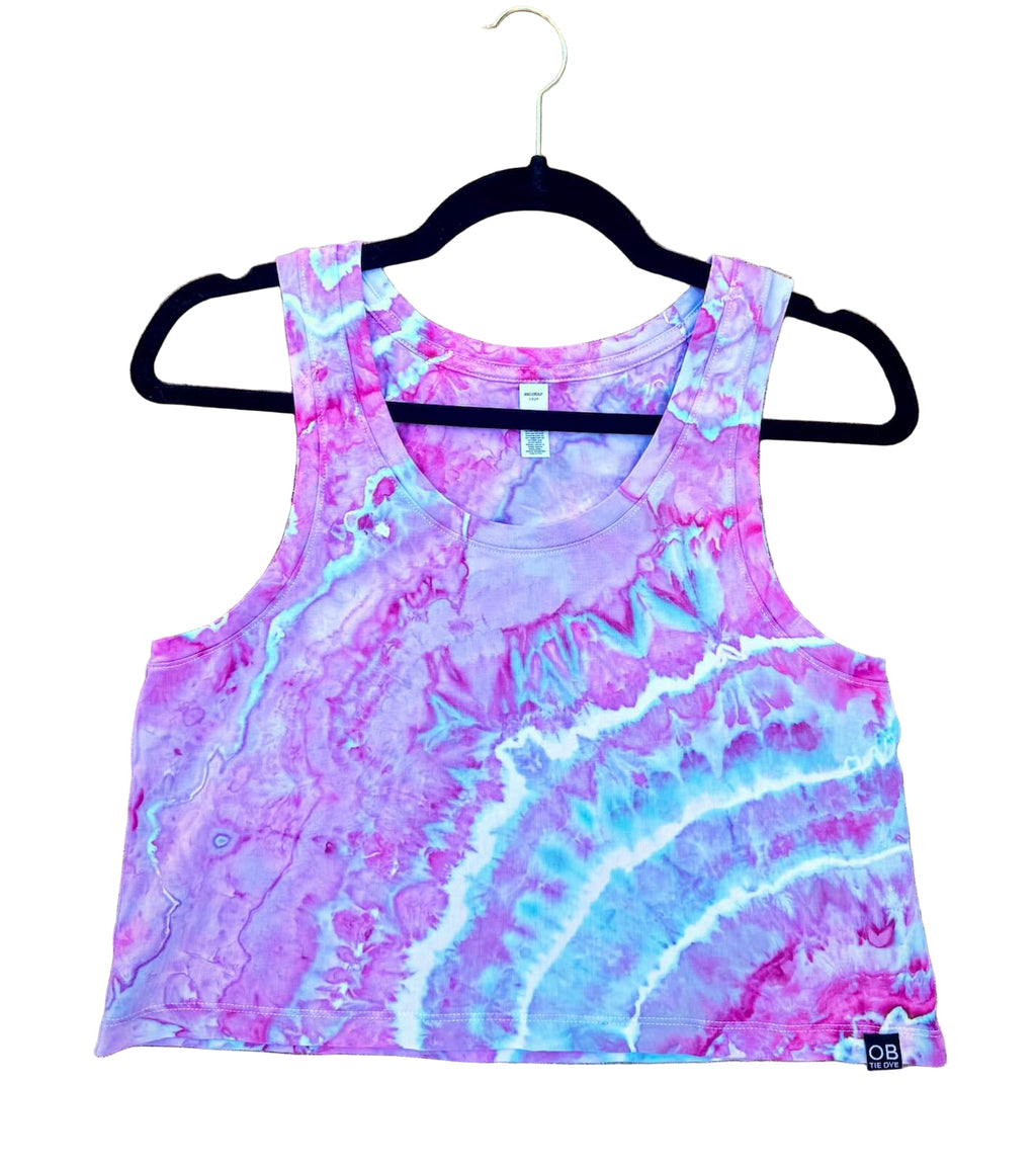 Vibrant purple and blue spiral hand  ice-dyed womans crop tank with bold swirls