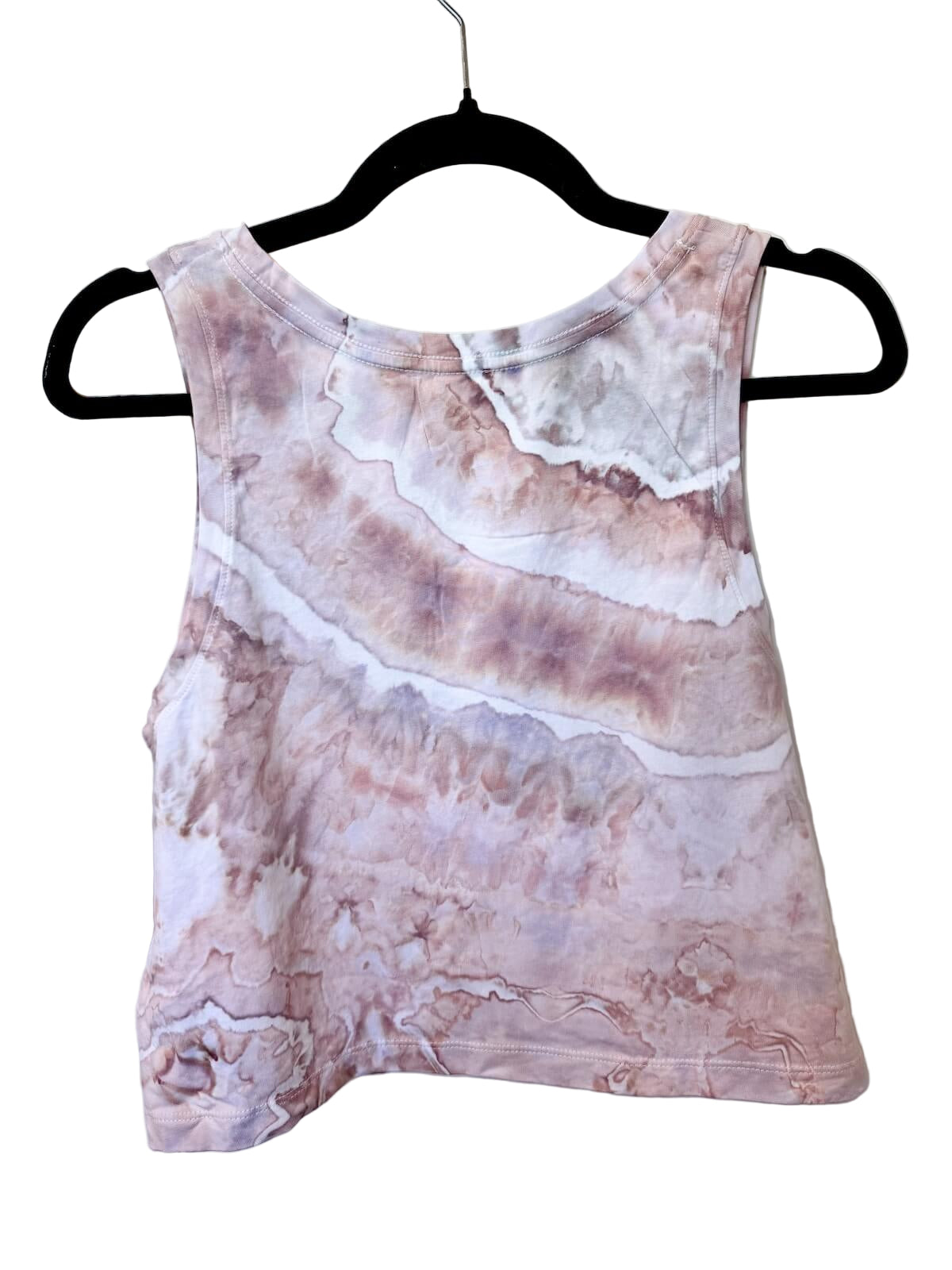 Back view of muted pink and white hand ice-dyed womens crop tank with soft marbled pattern