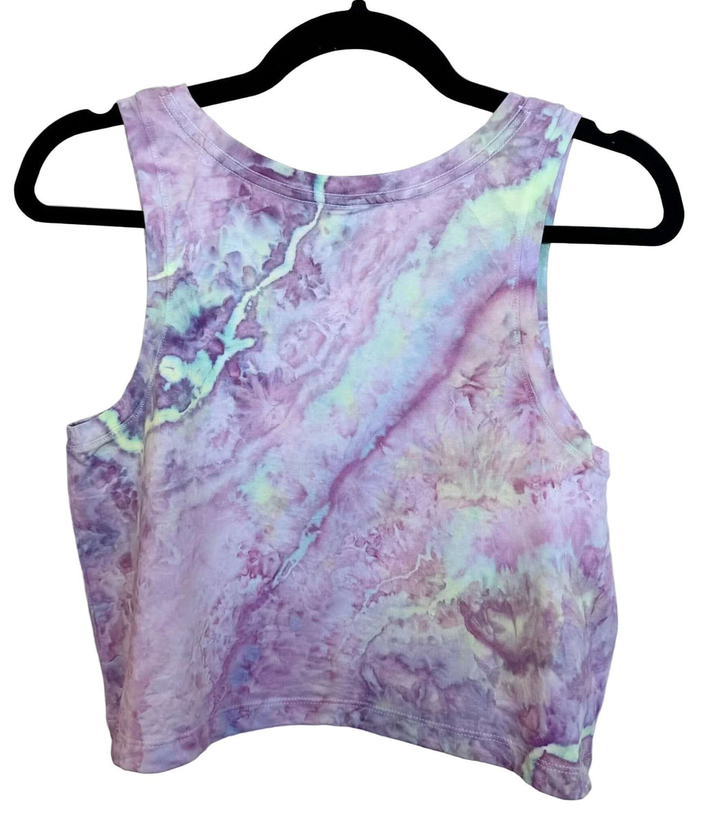 Back view of lavender purple and light green uv reactive hand ice-dyed woman's crop tank with fluid, watercolor texture