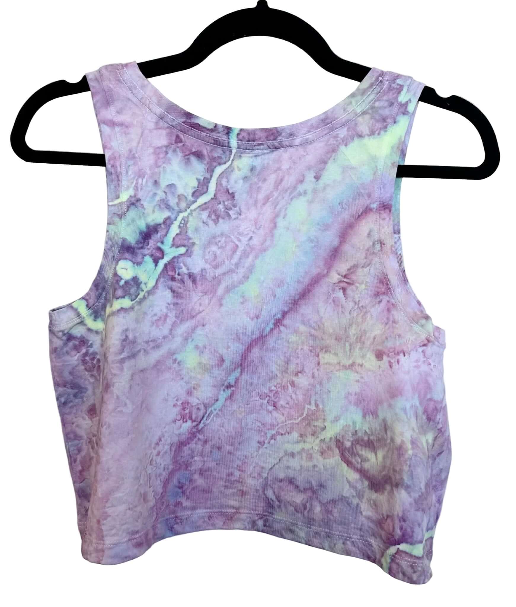 Back view of lavender purple and light green uv reactive hand ice-dyed woman's crop tank with fluid, watercolor texture