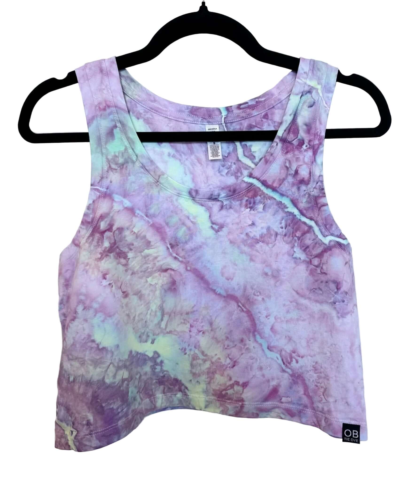 Front view of lavender purple and light green uv reactive hand ice-dyed woman's crop tank with fluid, watercolor texture