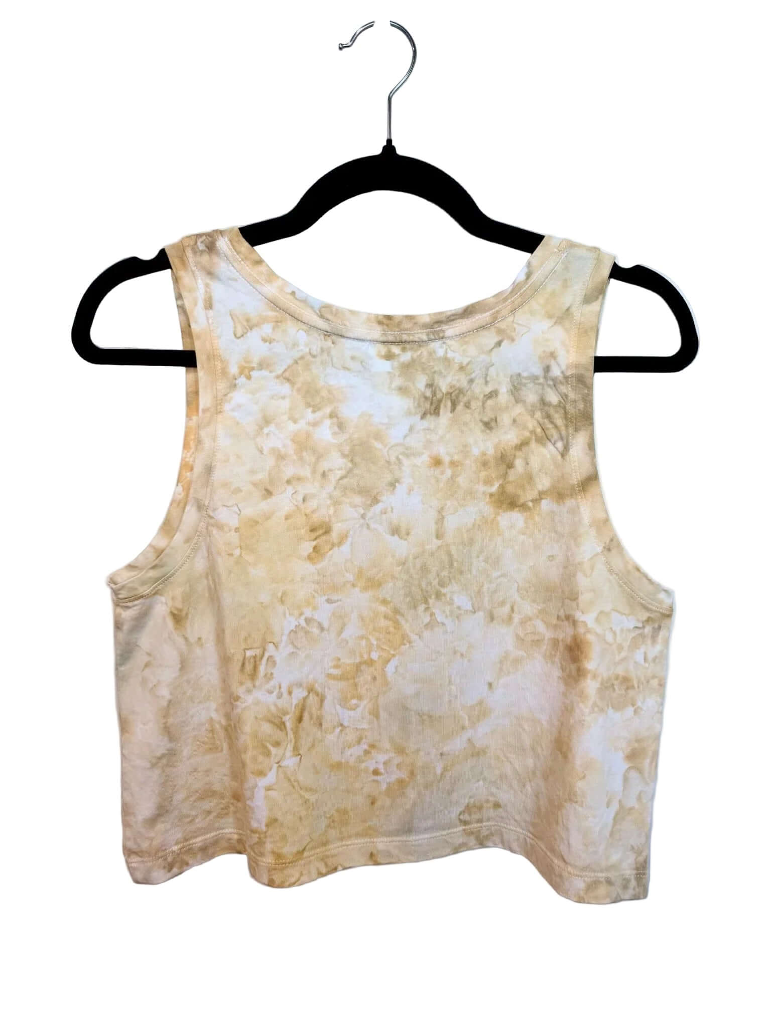 Back view of soft yellow and white sunlight tones with uv reactive dye hand ice-dyed woman's crop tank with fluid, watercolor texture