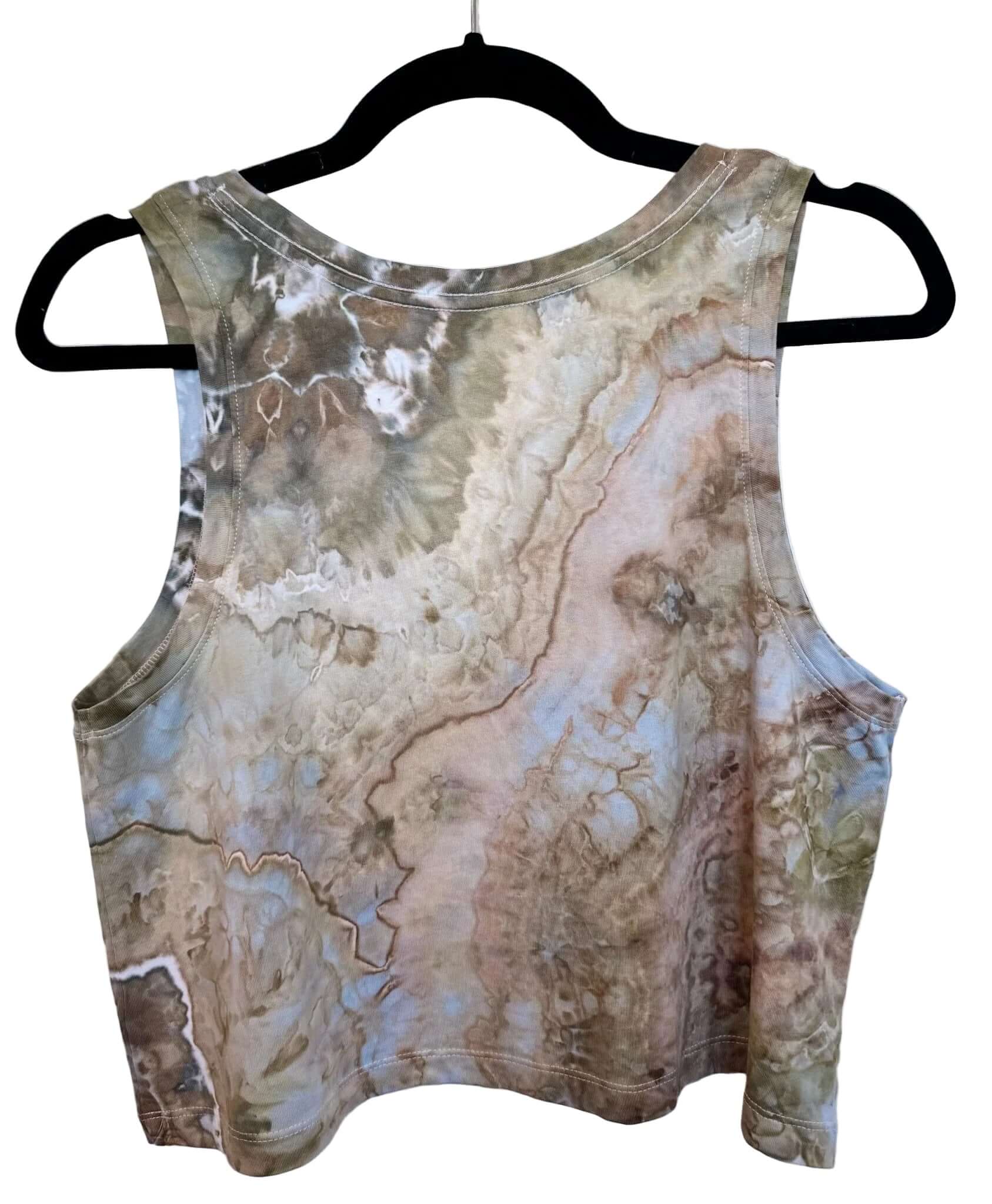 Back view of muted earthy brown and olive green hand ice-dyed womens crop tank with soft marbled pattern