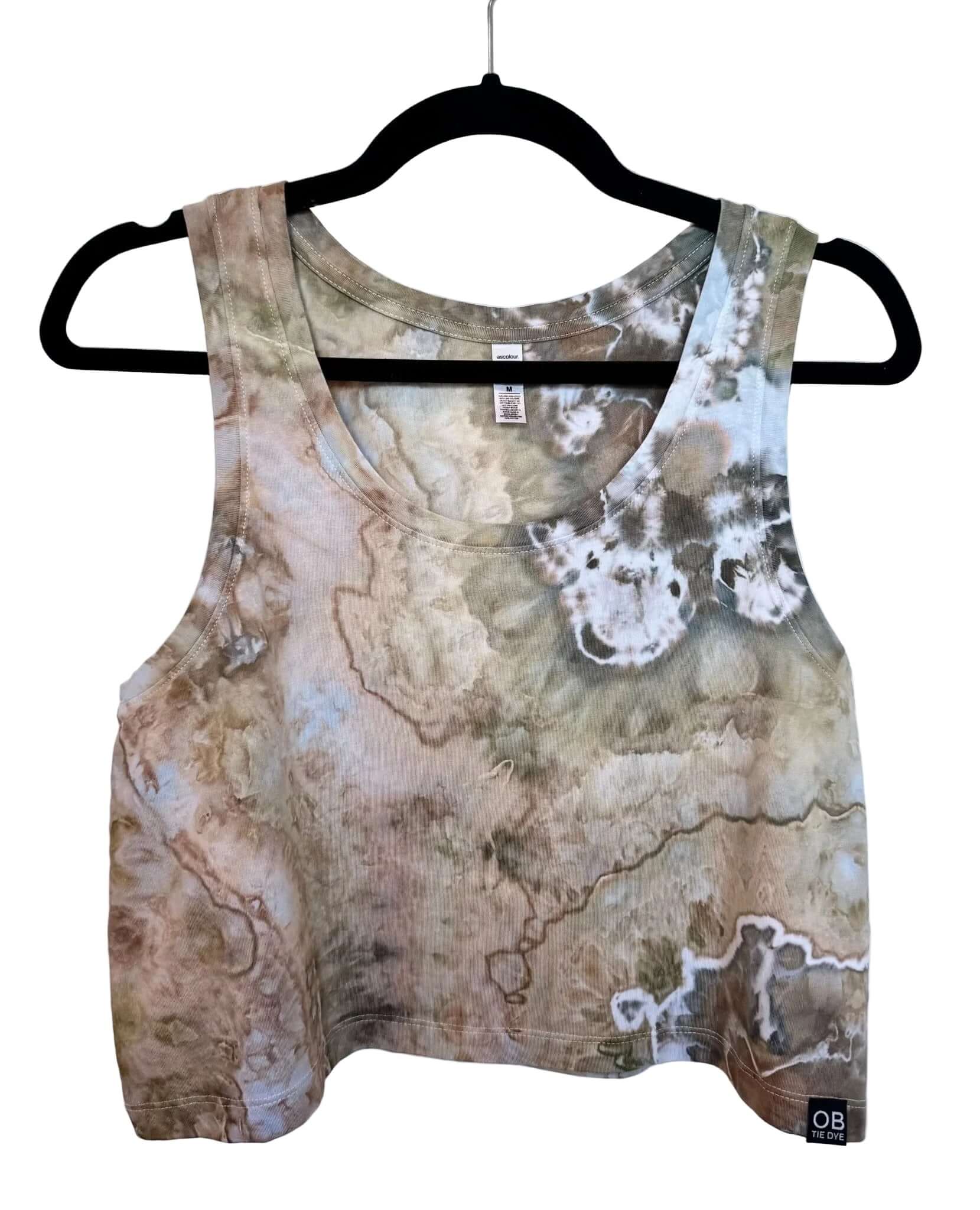 Front view of muted earthy brown and olive green hand ice-dyed womens crop tank with soft marbled pattern