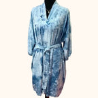 Hand-dyed ice dye kimono robe with organic, coastal-inspired color pattern
