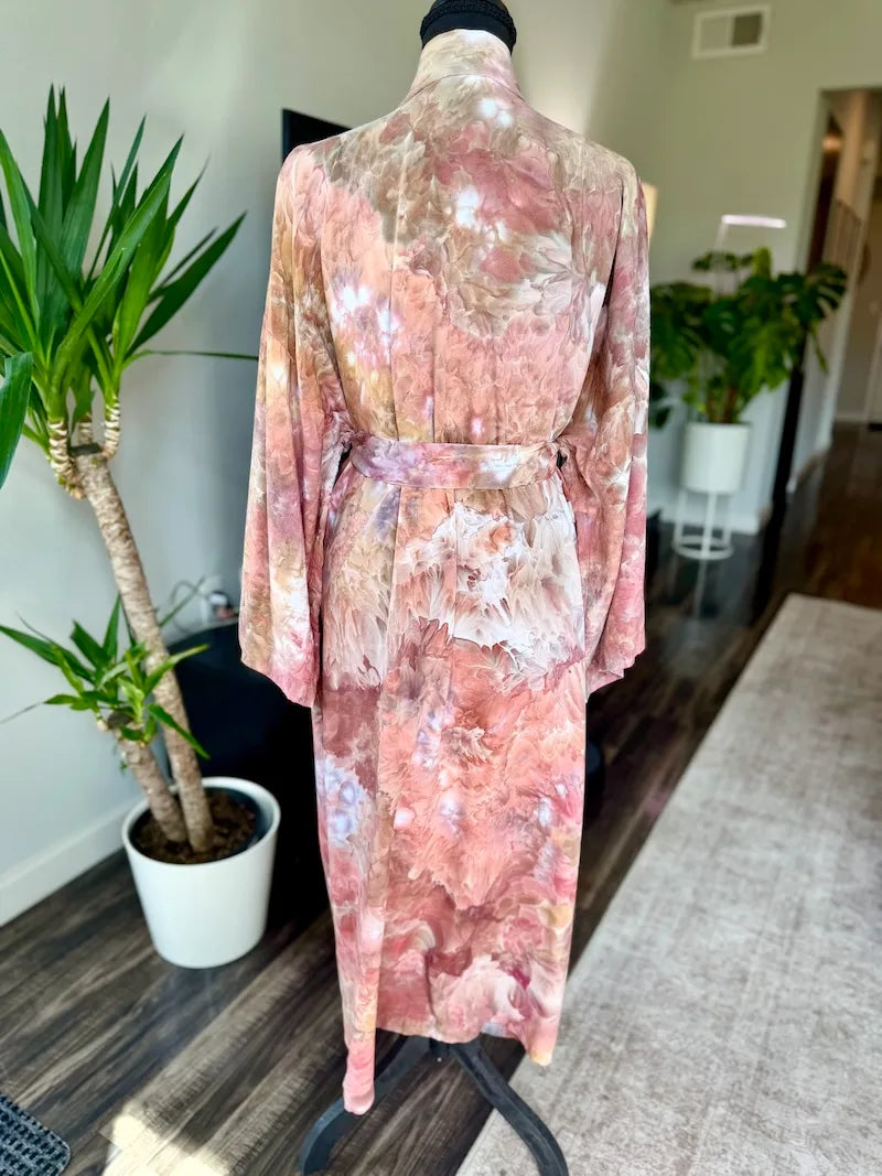 One-of-One Ice-Dyed Long Kimono Robe, Dusty Rose & Terracotta