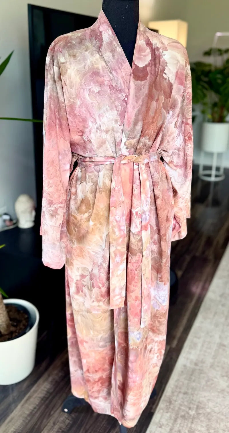 One-of-One Ice-Dyed Long Kimono Robe, Dusty Rose & Terracotta