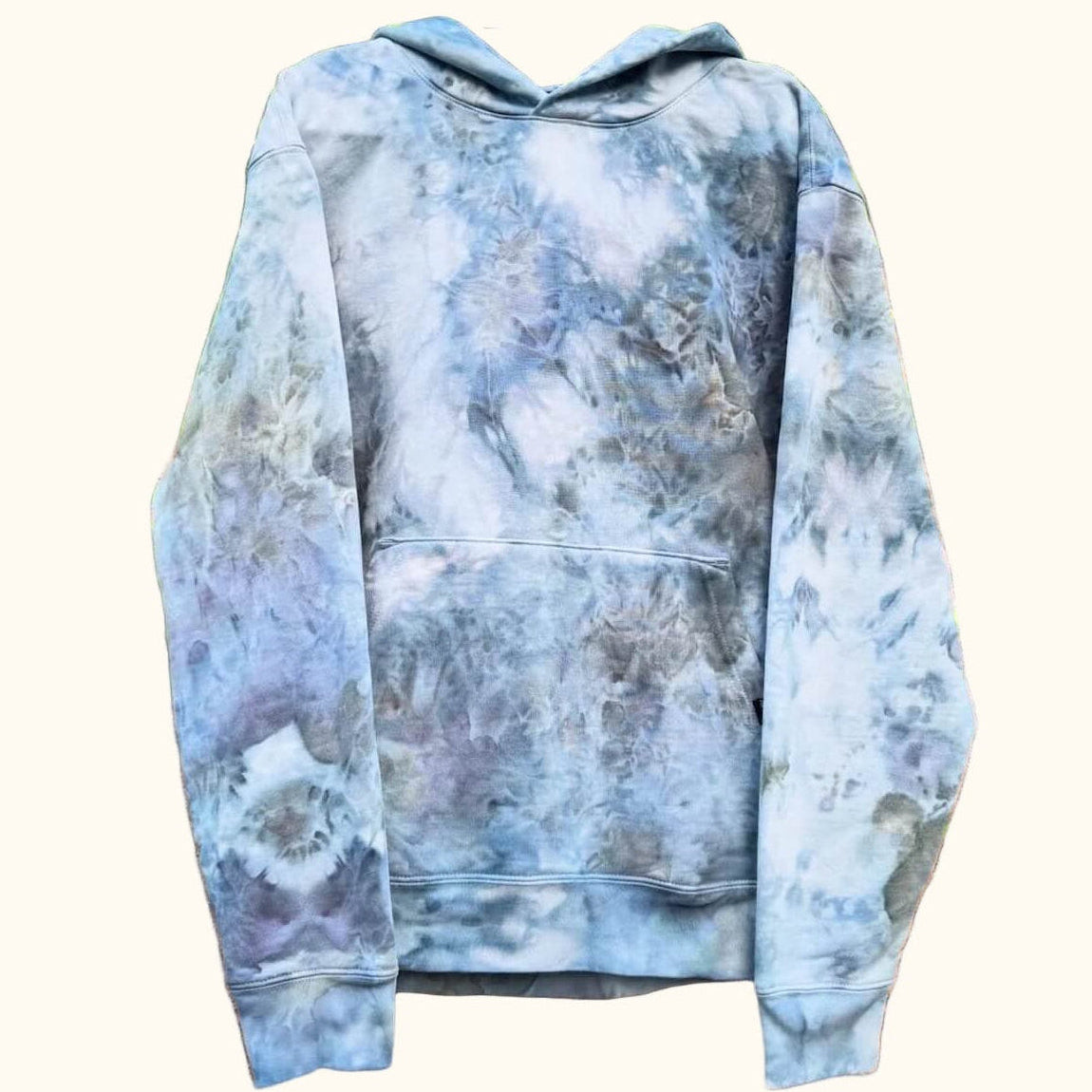 Hand ice-dyed unisex hoodie in Ocean Mist colorway with soft coastal color variation