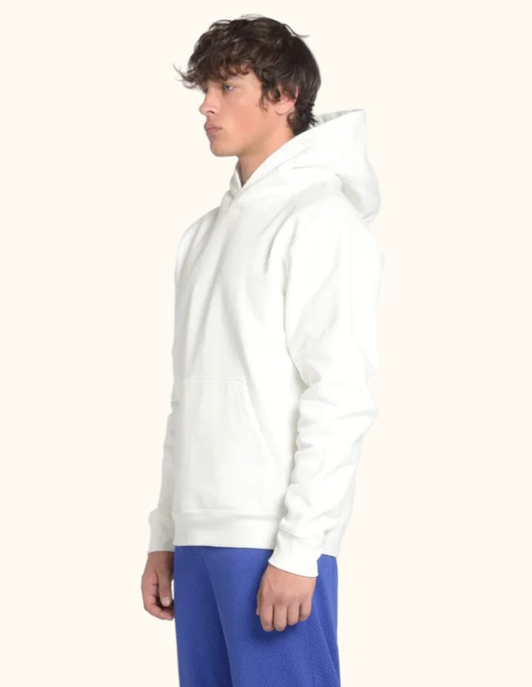Side view of a plain white unisex hoodie blank showing the fit before dyeing.