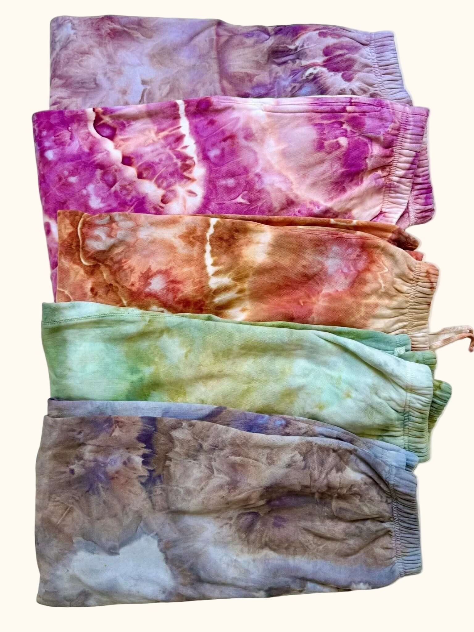 Hand-dyed ice dye ice dyed sweatpants with organic, coastal-inspired color pattern