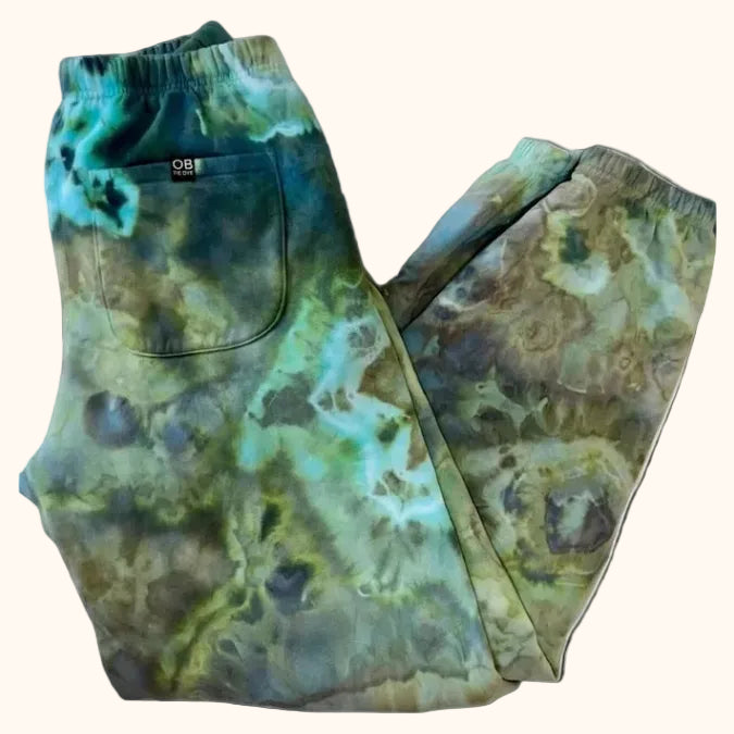 Hand-dyed ice dye unisex sweatpants with organic, coastal-inspired color pattern