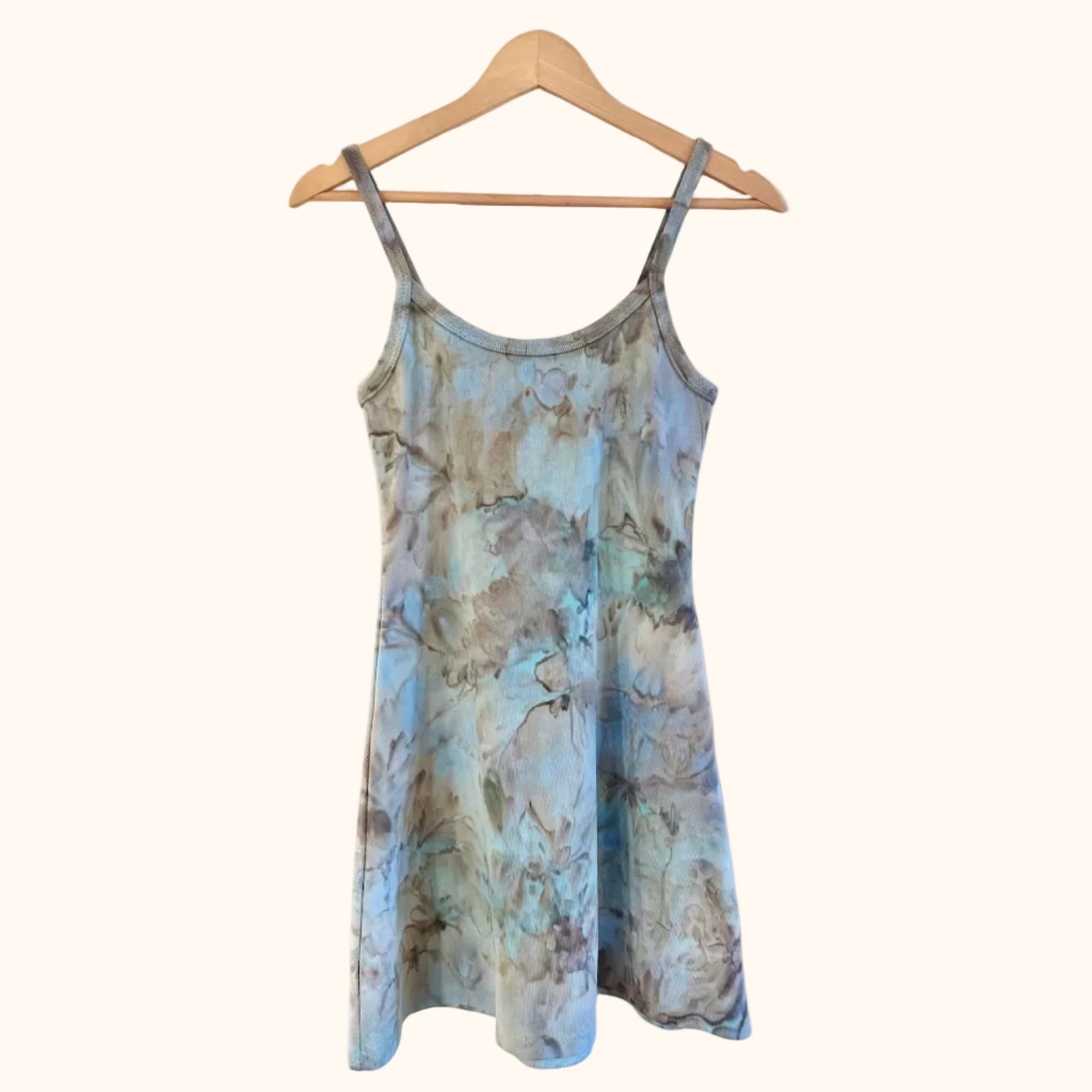 Hand-dyed ice dye mini dress with organic, coastal-inspired color pattern