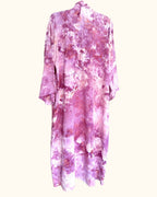 Back view of a long hand ice-dyed kimono robe in orchid and magenta pinks