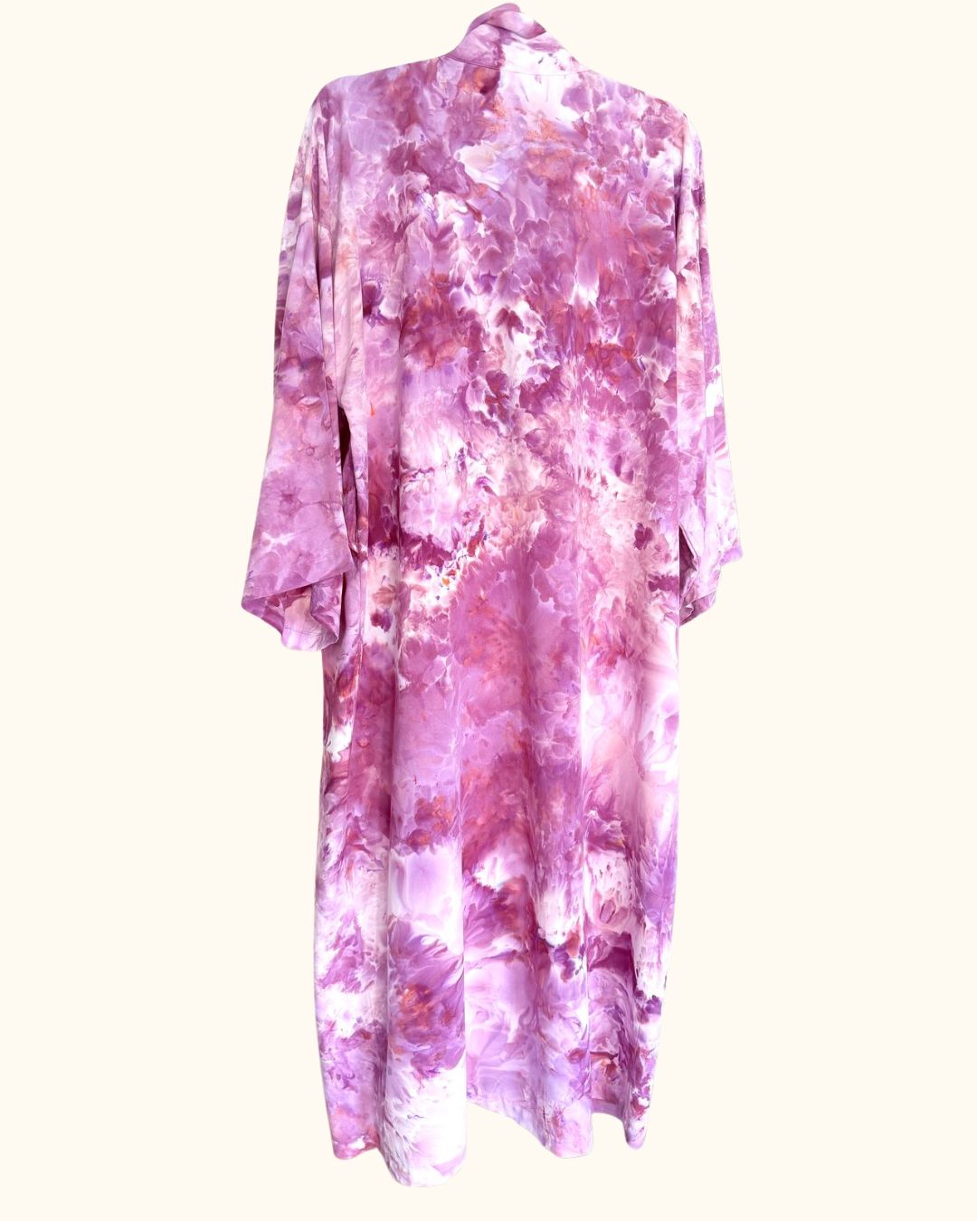 Back view of a long hand ice-dyed kimono robe in orchid and magenta pinks