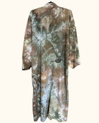Back view of a long ice-dyed kimono robe in Kelp Forest sage, olive, and seafoam tones