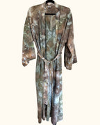 Long hand ice-dyed kimono robe in Kelp Forest sage and olive tones, tied with sash