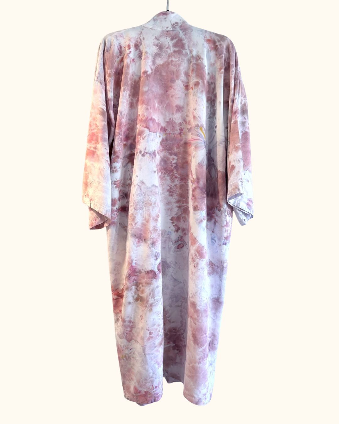 Back view of a long ice-dyed kimono robe in Shell Pink blush tones