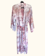 Long hand ice-dyed kimono robe in Shell Pink with soft blush marbling, tied with sash