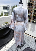 Back view of a long ice-dyed kimono robe in stone grey and sand tones