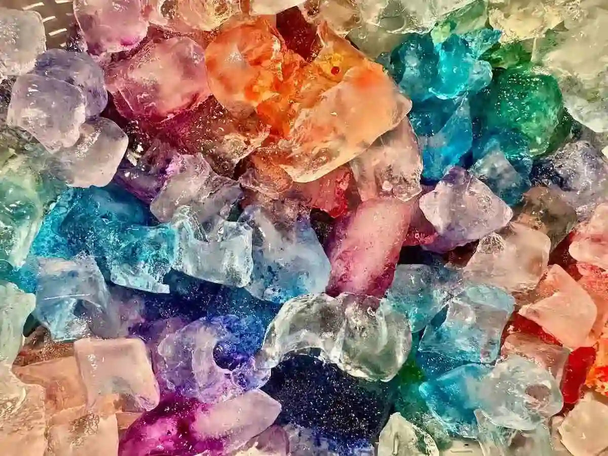 Close-up of multicolored dharma fiber reactive dye on ice for OB Tie Dye custom clothing