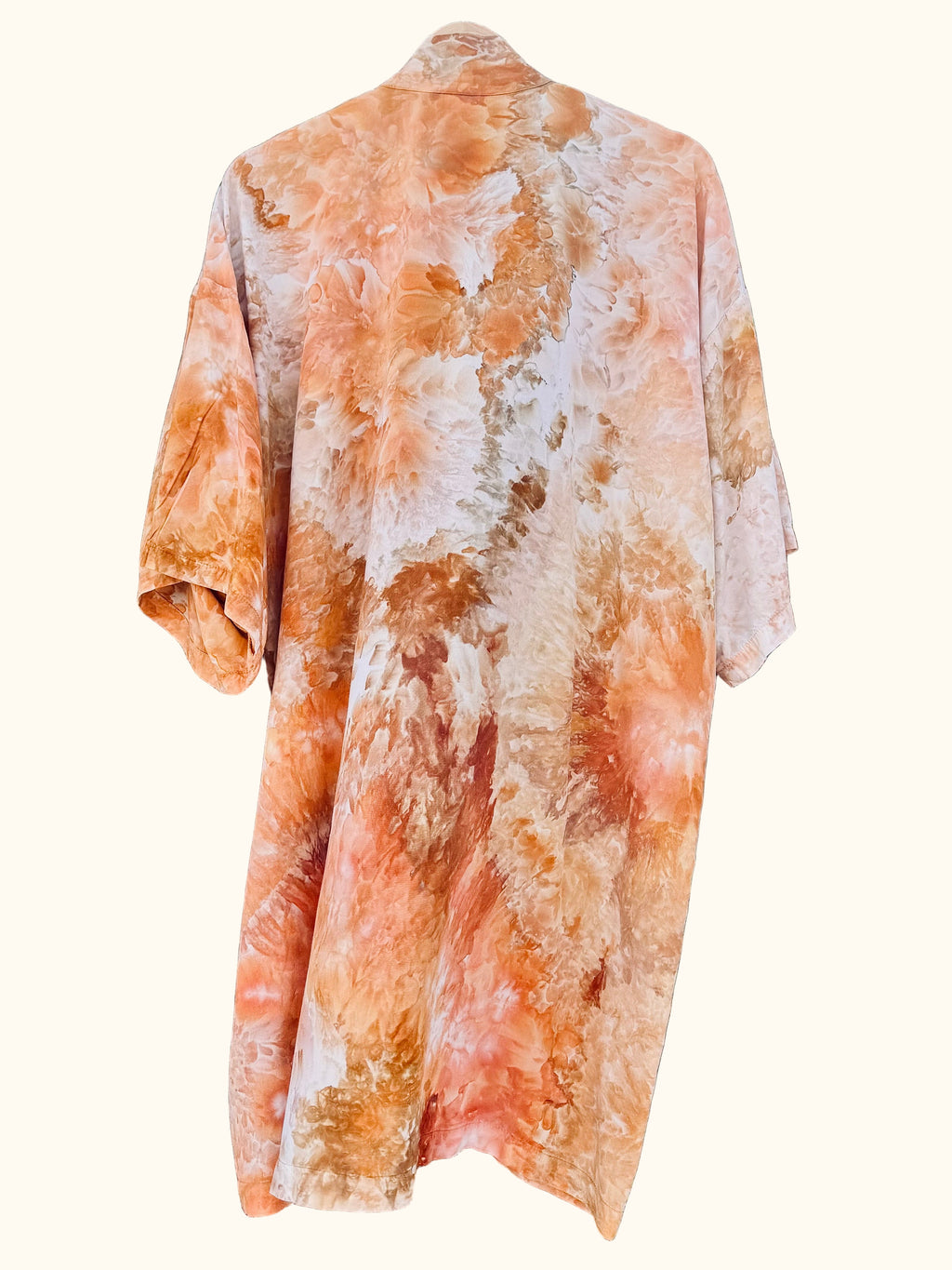 Hand-dyed ice dye sunset bloom hand dyed short kimono 3 4 sleeve with organic, coastal-inspired color pattern
