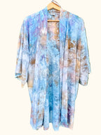 Hand-dyed ice dye sunset bloom hand dyed short kimono 3 4 sleeve with organic, coastal-inspired color pattern