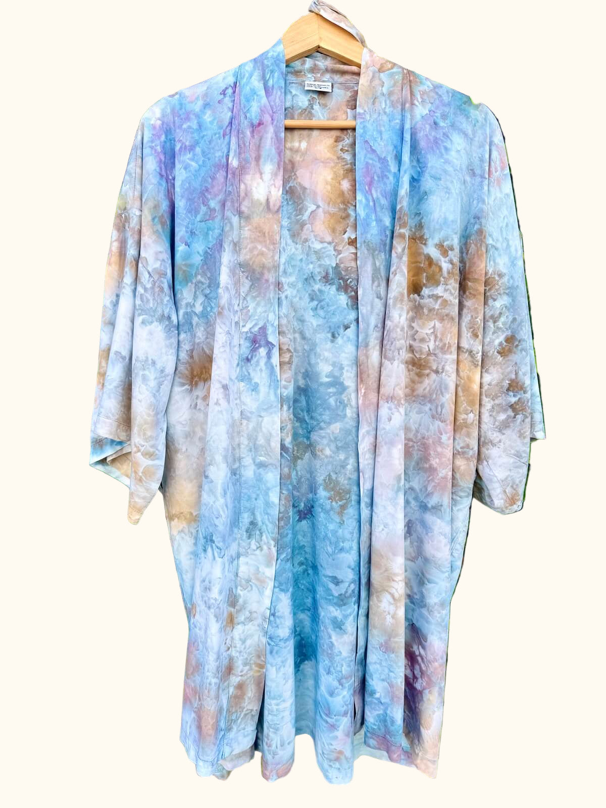 Hand-dyed ice dye sunset bloom hand dyed short kimono 3 4 sleeve with organic, coastal-inspired color pattern