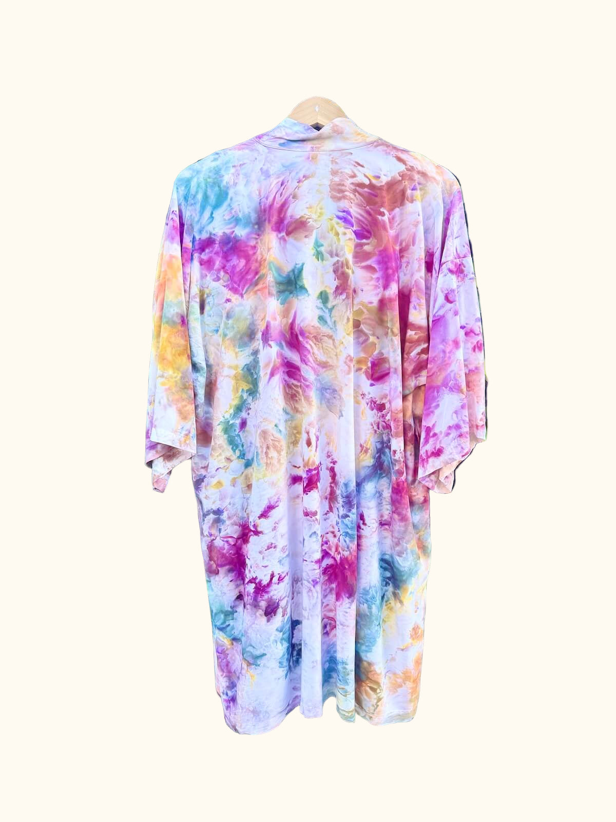 Hand-dyed ice dye sunset bloom hand dyed short kimono 3 4 sleeve with organic, coastal-inspired color pattern