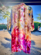 Hand-dyed ice dye sunset bloom hand dyed short kimono 3 4 sleeve with organic, coastal-inspired color pattern