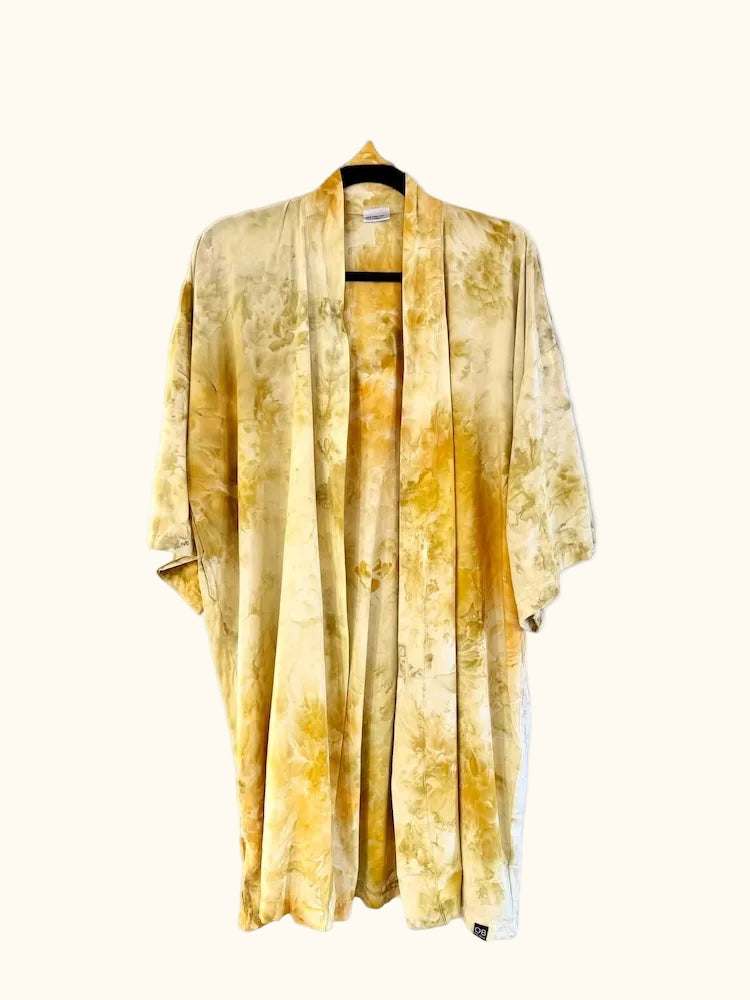 Front view of an OB Tie Dye kimono featuring soft yellow and muted green ice-dye textures with a lightweight drape.
