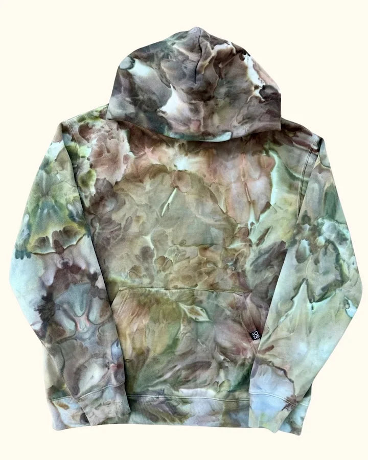 Hand ice dyed unisex hoodie in kelp forest with green and brown organic patterns