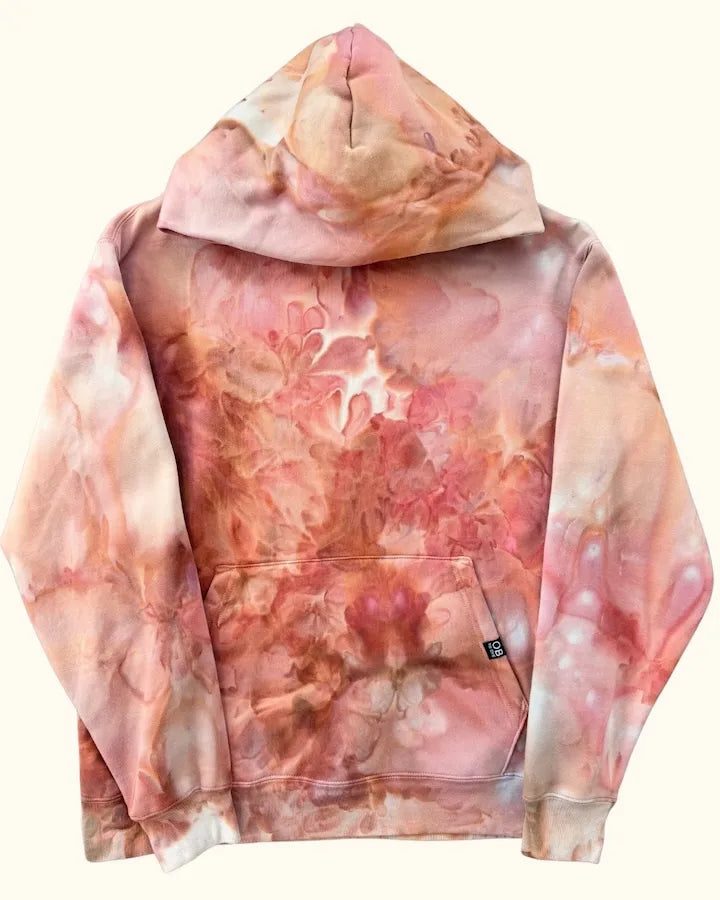 Hand ice dyed hoodie in sunset cliffs with orange and brown one-of-a-kind organic patterns