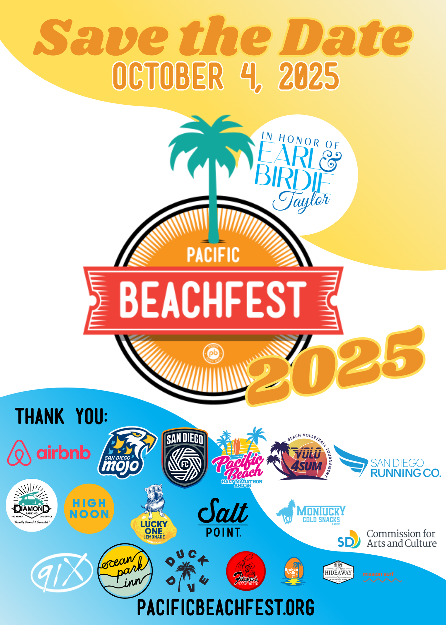 Promotional poster for Pacific Beachfest 2025 with event details and sponsor logos.