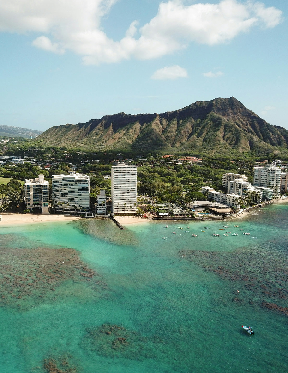 Diamond Head above Kaimana Beach and the reef off Waikiki