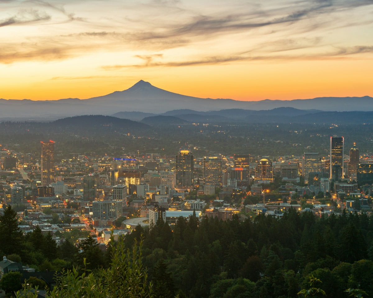 Portland skyline at dusk with Mt. Hood on the horizon