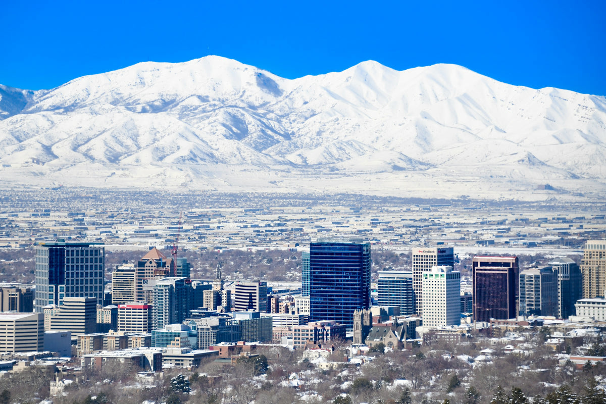Downtown Salt Lake City with the snowy Wasatch Mountains behind